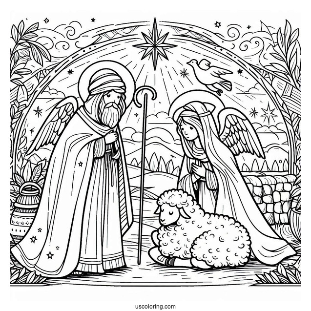 Adorable Nativity Coloring Page With A Shepherd And A Wise Man