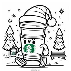 Cartoon Starbucks Coloring Page Cup Strolling In The Park With A Santa Hat