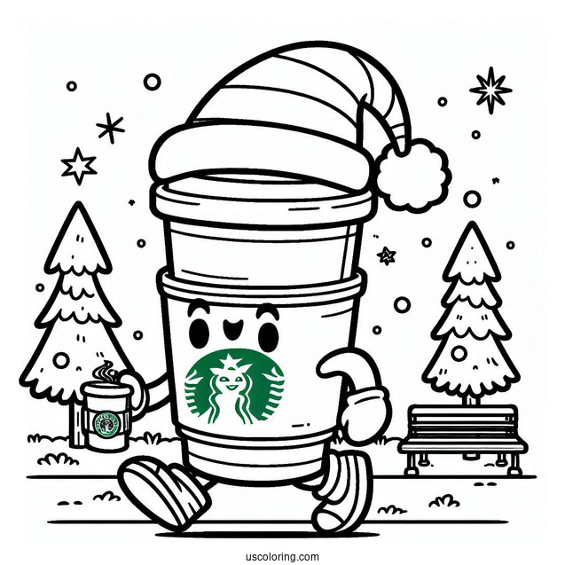 Cartoon Starbucks Coloring Page Cup Strolling In The Park With A Santa Hat