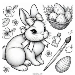 Realistic Easter Bunny Coloring Page With Bow, Paintbrush, And Eggs