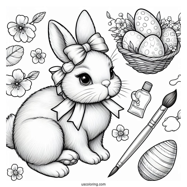 Realistic Easter Bunny Coloring Page With Bow, Paintbrush, And Eggs