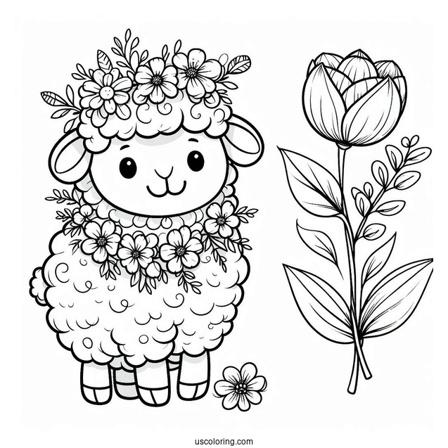 Easy Sheep With Flower Necklace Spring Coloring Page