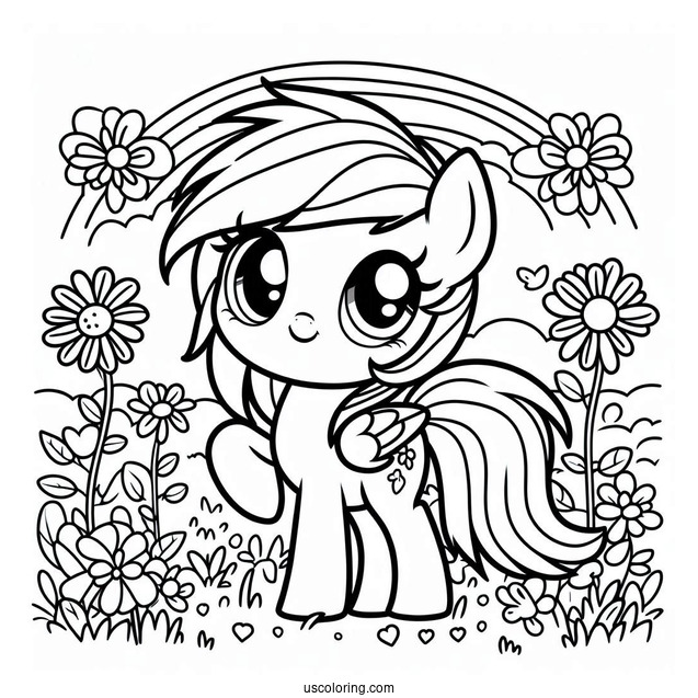 Kawaii Rainbow Dash Coloring Page In Flower Field For Preschoolers