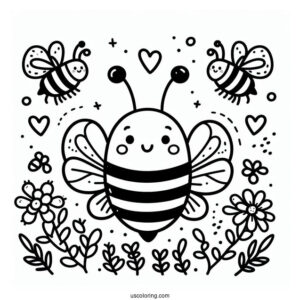 Happy Bee Coloring Page Flashcard For Kids