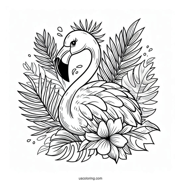 Summer Themed Flamingo With Tropical Leaves