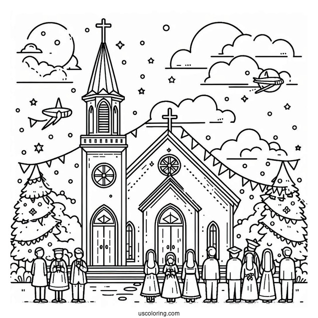 Cartoon Church Coloring Page Goers Standing In Front Of The Church Building For Kids