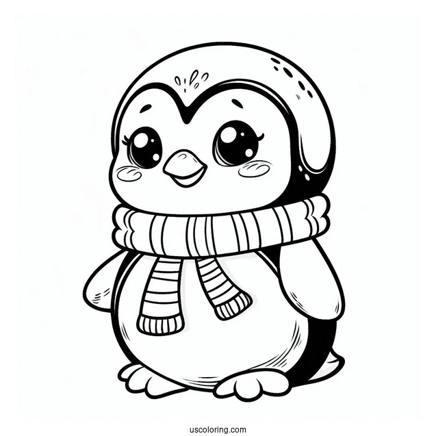 Happy Little Penguin Wearing Scarf Coloring In