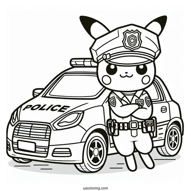 Officer Pikachu Outside Police Car Coloring Page For Kids