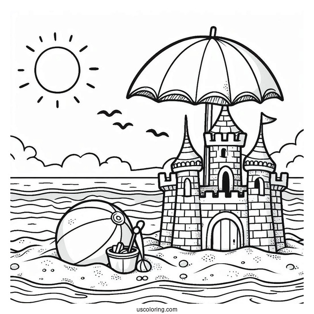 Easy Sand Castle With Umbrella And Beach Ball Coloring Sheet