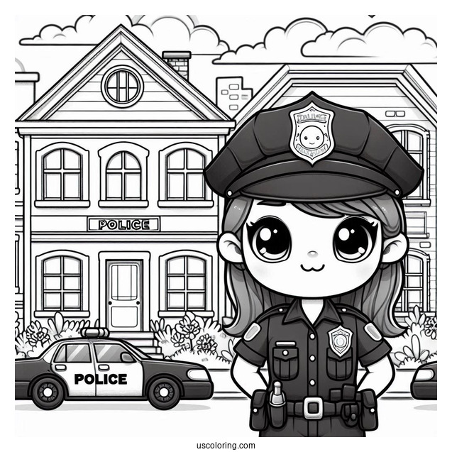 Police Officer In Front Of Police Station To Color