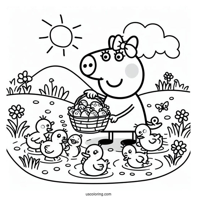 Peppa Pig Helping Baby Ducklings Coloring