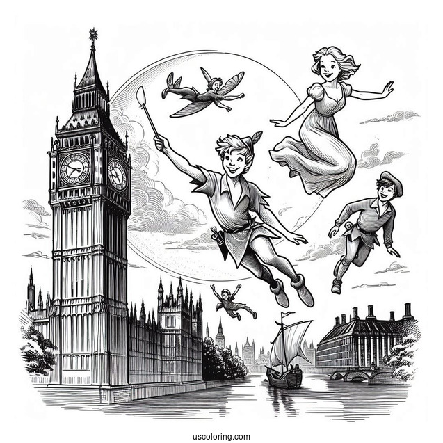 Peter Pan, Wendy, John, And Michael Flying Past Big Ben
