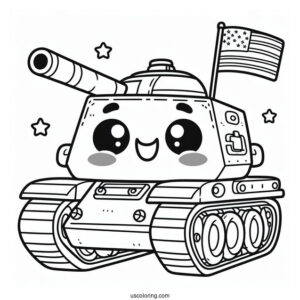 Coloring Sheet of Cartoon Military Tank With Smiling Face