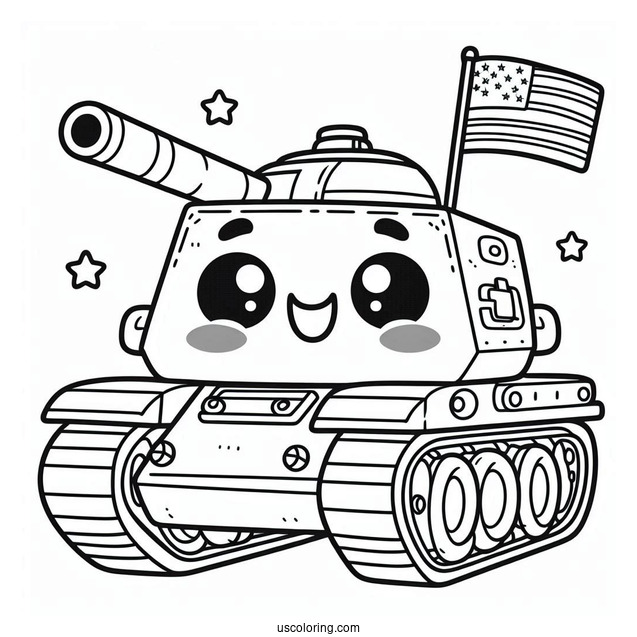 Coloring Sheet of Cartoon Military Tank With Smiling Face