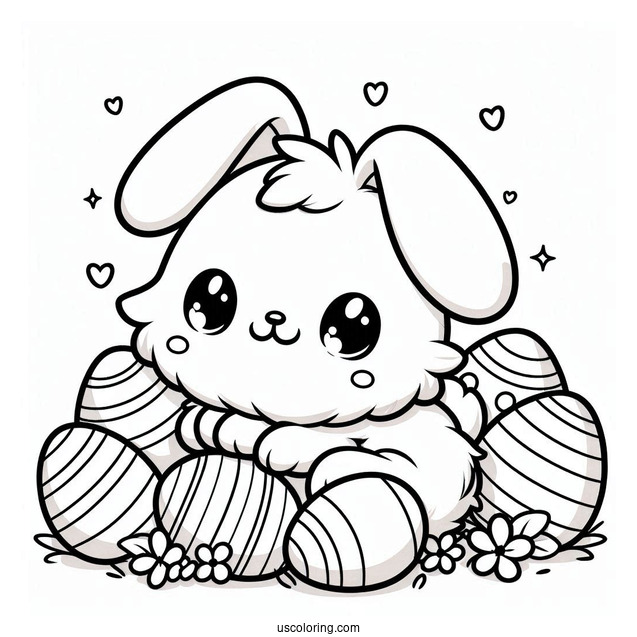 Easter Coloring Page Of Fluffy Kawaii Rabbit Surrounded By Easter Eggs