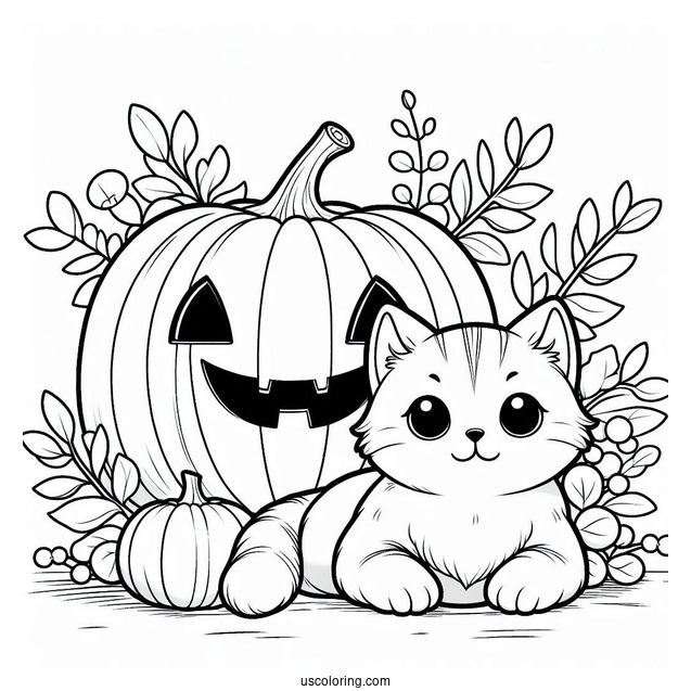 Pumpkin Coloring Page Of Cartoon Cats Beside A Large Jack O Lantern