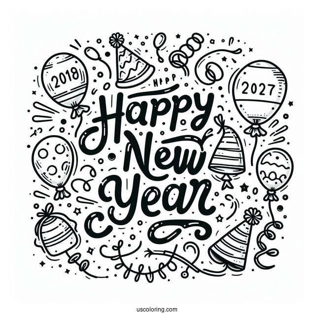 Happy New Year Coloring Page Of Words With Balloons, Party Hats, And Confetti