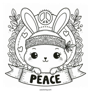 Hippie Rabbit Coloring Page With Peace Banner On Top