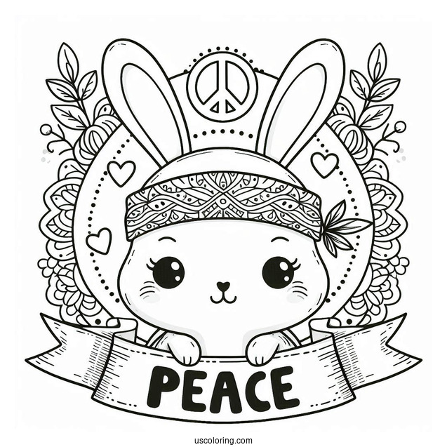 Hippie Rabbit Coloring Page With Peace Banner On Top