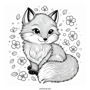 Fluffy Fox Coloring Page With Petals In Background