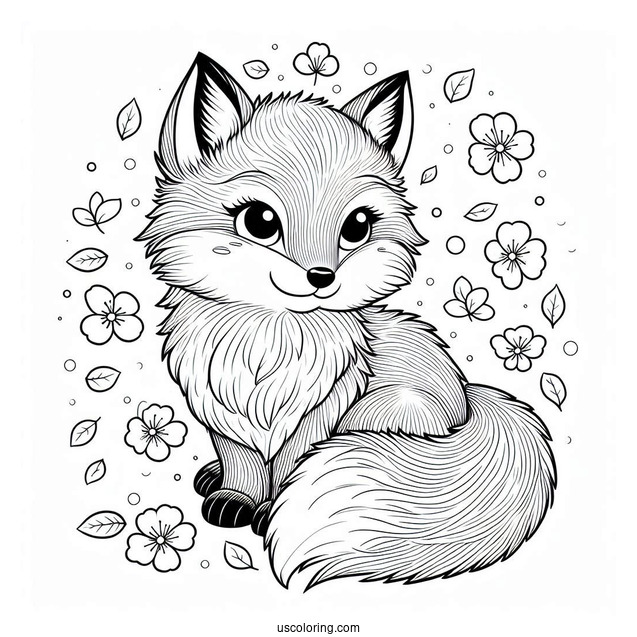 Fluffy Fox Coloring Page With Petals In Background