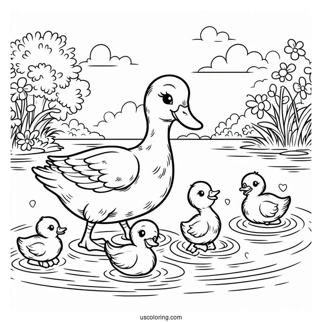 Ducklings Following Mom In The Pond