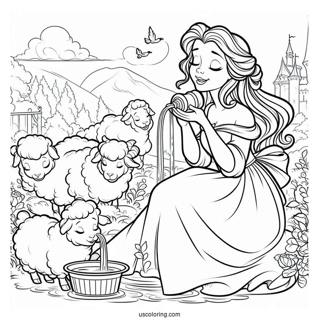 Belle Singing To Sheep At The Water Fountain