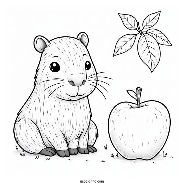 Easy Cute Capybara Coloring Page With An Apple On Its Head