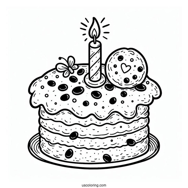 Cookie Birthday Cake With Candle Coloring Page For Kids