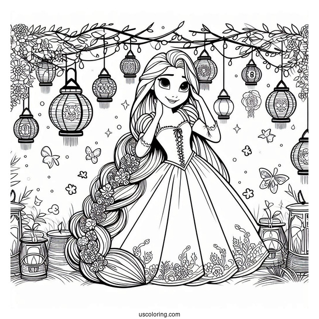 Tangled Princess Coloring Page Of Rapunzel With Lanterns In Background