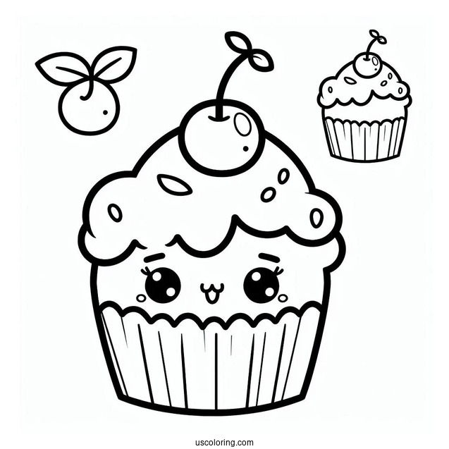 Kawaii Cupcake With Cherry On Top Coloring Sheet