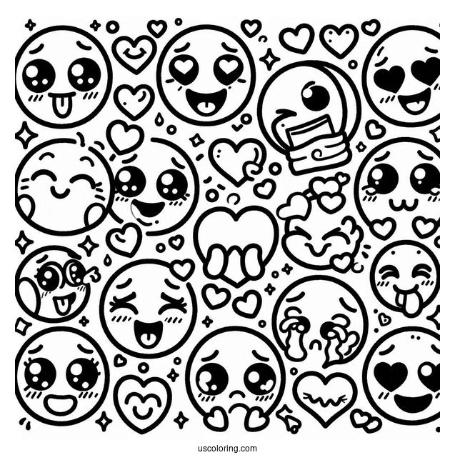 Emoji Coloring Page Of Kawaii Full Page Emoji Montage Of Feelings And Hearts