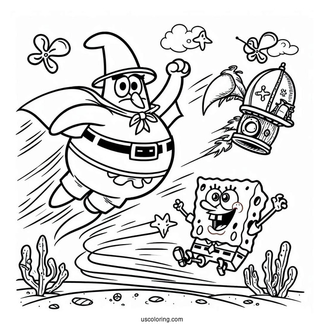 Flying Dutchman Chasing SpongeBob Coloring Page And Patrick Star