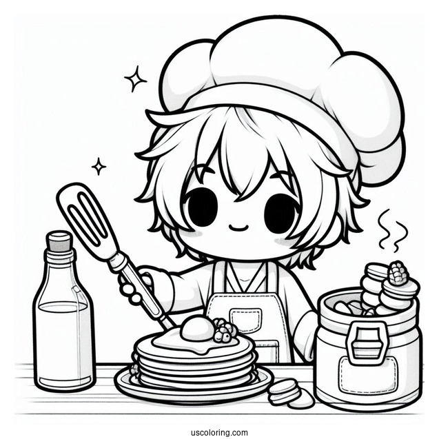Energetic Chibi Coloring Page Chef Flipping Pancakes in a Cozy Kitchen