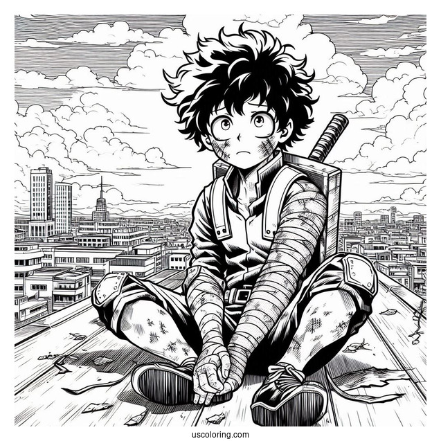 Deku Coloring Page Of Injured In Battle On Rooftop