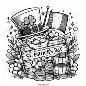 St. Patrick's Day Coloring Page Of St Patrick s Day Wooden Sign With Leprechaun Hat, Shamrocks, Irish Flag, And Gold Coins