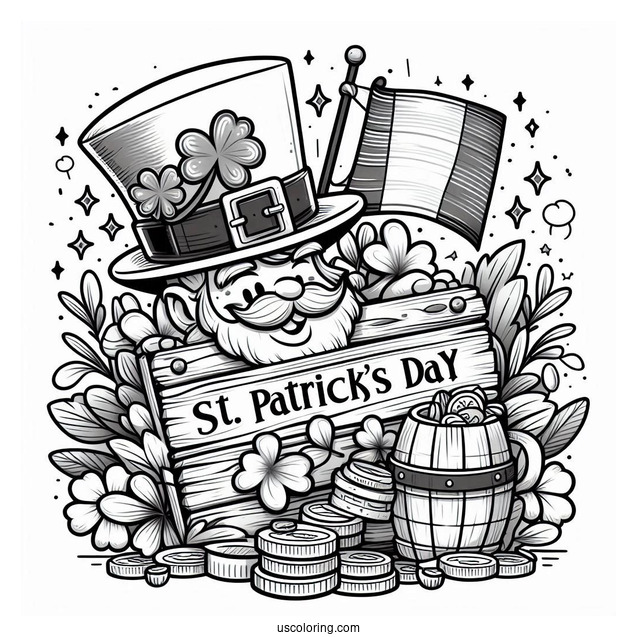St. Patrick's Day Coloring Page Of St Patrick s Day Wooden Sign With Leprechaun Hat, Shamrocks, Irish Flag, And Gold Coins