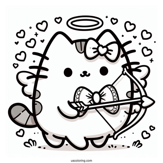 Pusheen Cupid With Bow And Love Hearts To Color