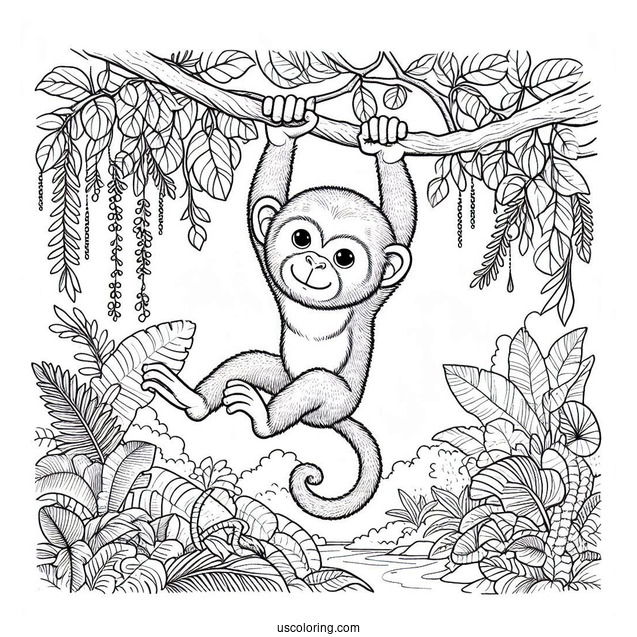 Jungle Coloring Page Of Easy Monkey Hanging From Vine For Kids