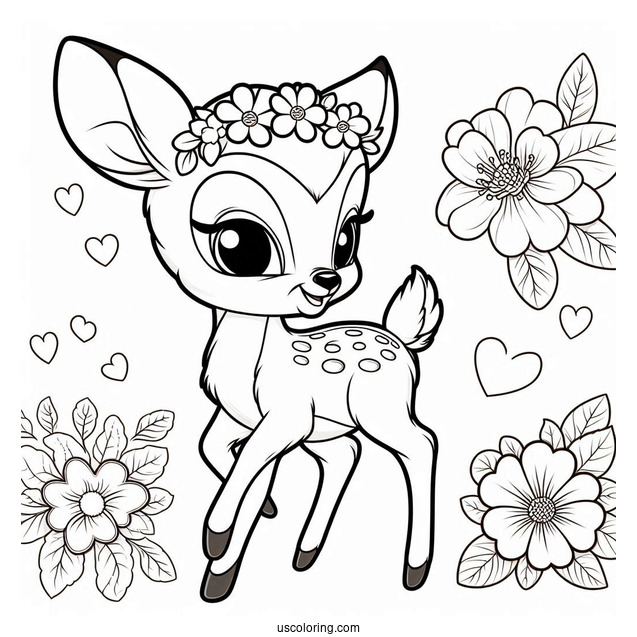 Smiling Bambi, Blossom, And Flower Coloring In For Kids v2