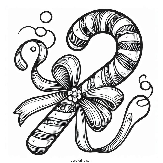 Swirly Candy Cane Coloring Page With Ribbon