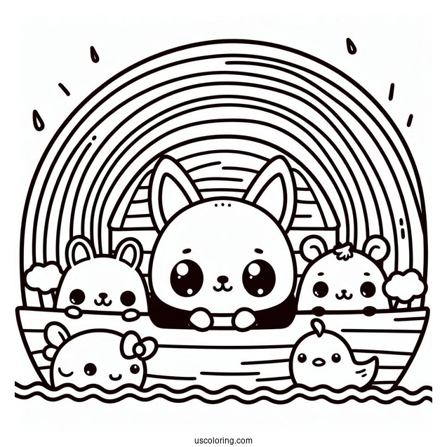 Kawaii Animals On Noah's Ark Coloring Page With Rainbow