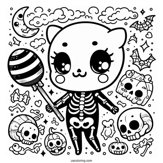 Spooky Chibi Skeleton Coloring Page In Halloween