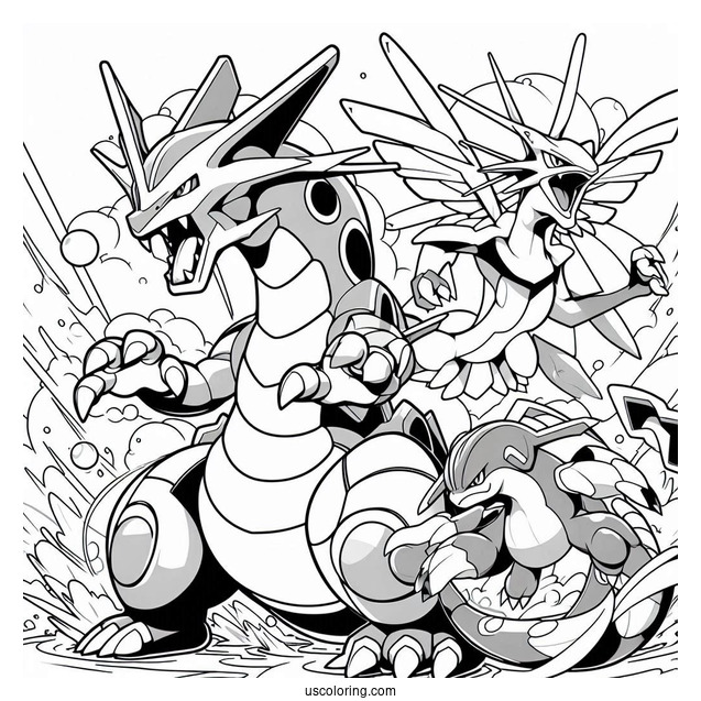 Kyogre Fighting With Groudon And Rayquaza Coloring Page