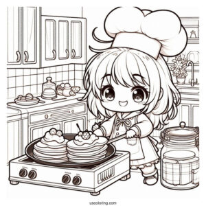 Energetic Chibi Coloring Page Chef Flipping Pancakes in a Cozy Kitchen