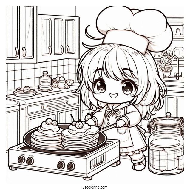 Energetic Chibi Coloring Page Chef Flipping Pancakes in a Cozy Kitchen