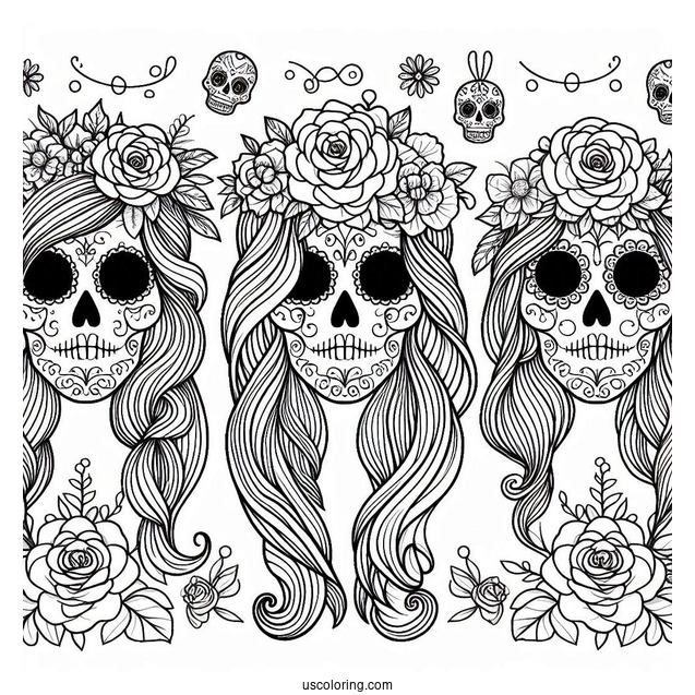 Sugar Skulls Coloring Page With Hair And Floral Background