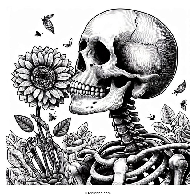 Realistic Skeleton Coloring Page Sniffing Flower