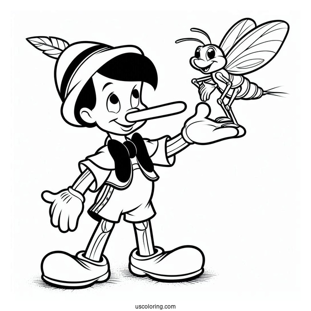 Pinocchio Coloring Page Holding Up Jiminy Cricket On His Elbow