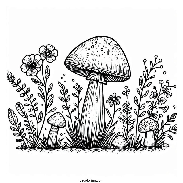 Wildflowers And Weeds Growing Around Mushroom Coloring Page